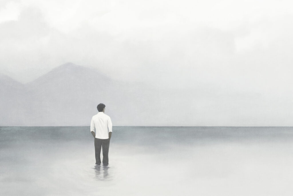 illustration eines mannes stehend im wasser Mann steht im Wasser - stumm, sprachlos - MännerDialoge April 2026